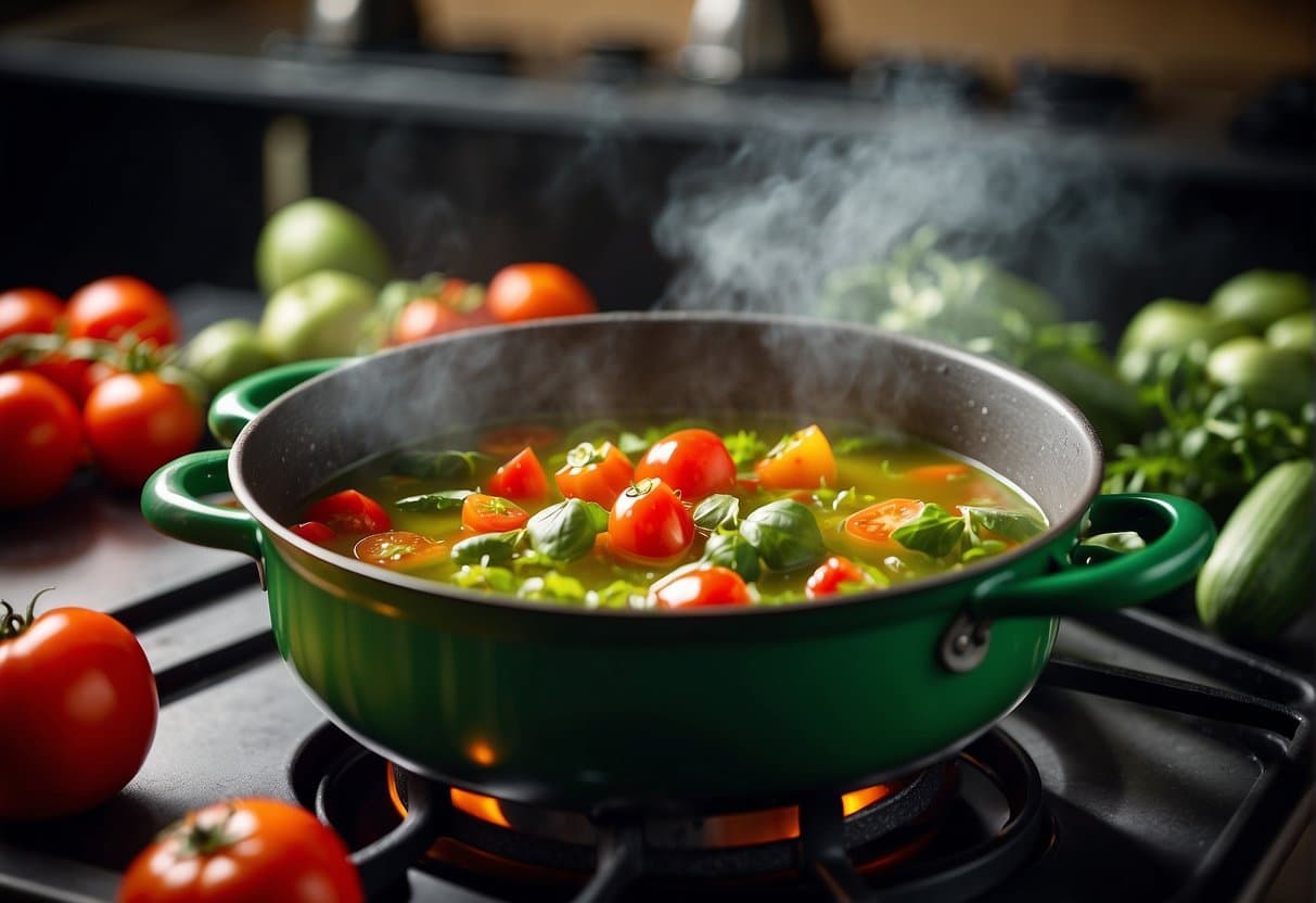 A pot simmers on the stove, filled with vibrant green courgettes and ripe red tomatoes, steam rising as the ingredients meld together to create a delicious soup