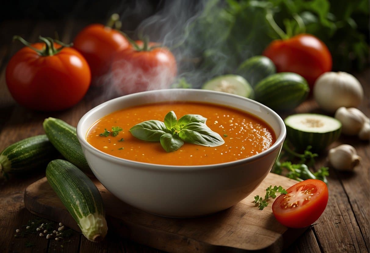 A steaming bowl of courgette and tomato soup surrounded by fresh vegetables and herbs on a rustic wooden table