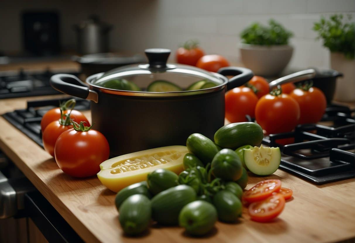 A pot simmers on the stove. Courgettes and tomatoes are being chopped on a cutting board. Ingredients are laid out on the counter