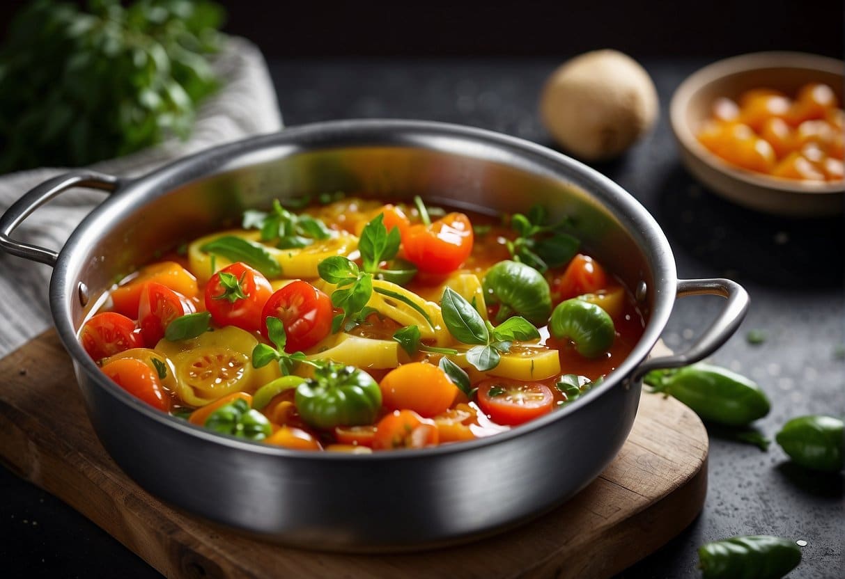 Sauté courgettes and tomatoes in a pot. Add broth and simmer. Blend until smooth. Garnish with herbs