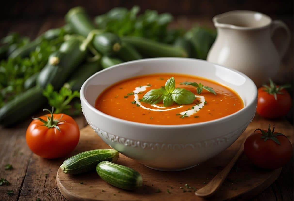 A bowl of courgette and tomato soup with a garnish of fresh herbs on a wooden table