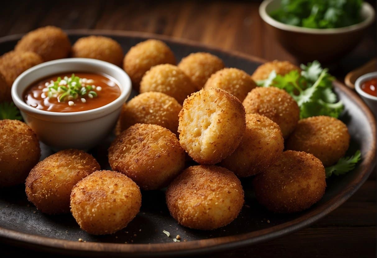 A sizzling pan of golden-brown duck croquettes, sizzling and crispy, with a side of tangy dipping sauce