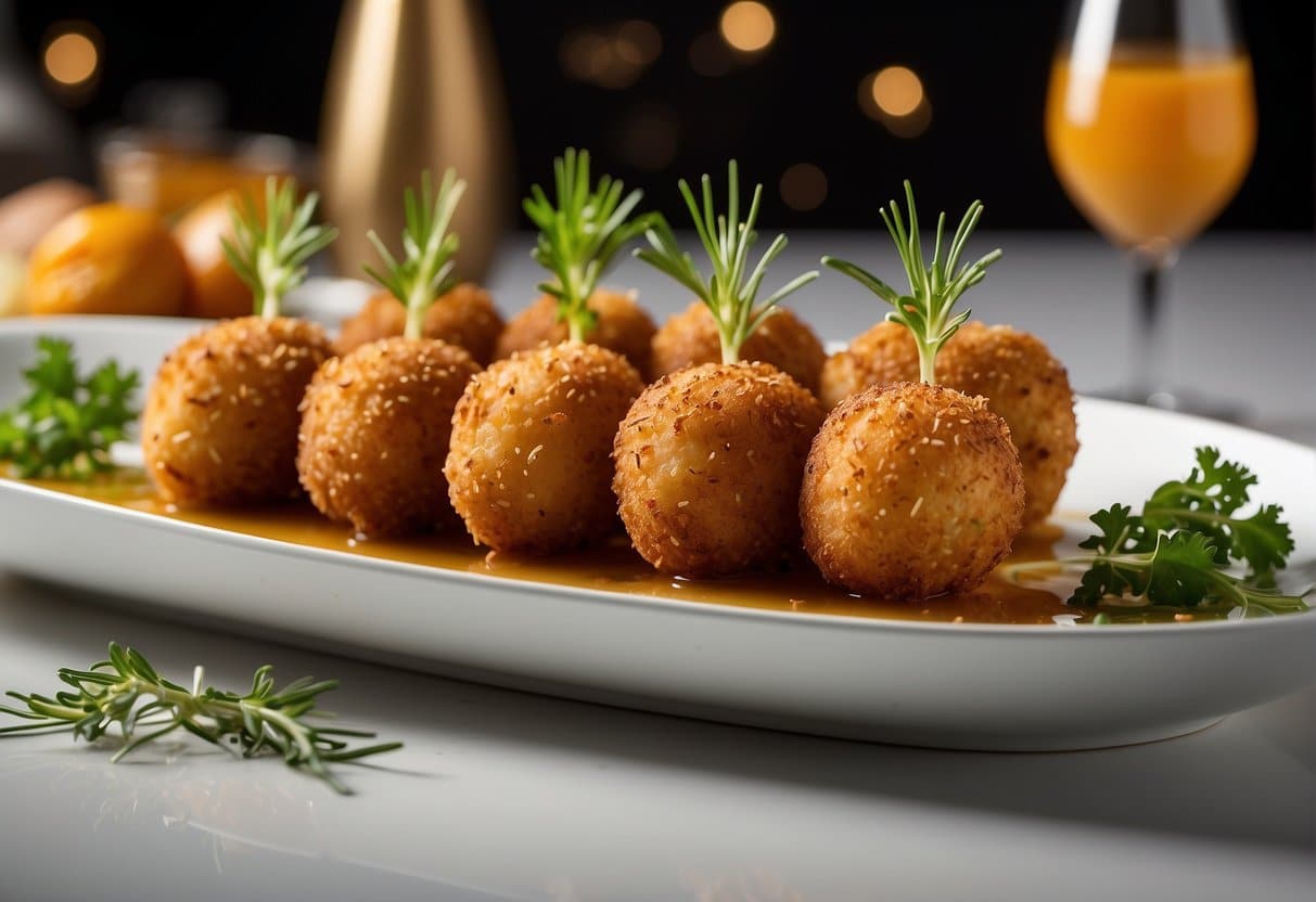Golden-brown duck croquettes arranged on a sleek white platter, garnished with fresh herbs and drizzled with a savory sauce