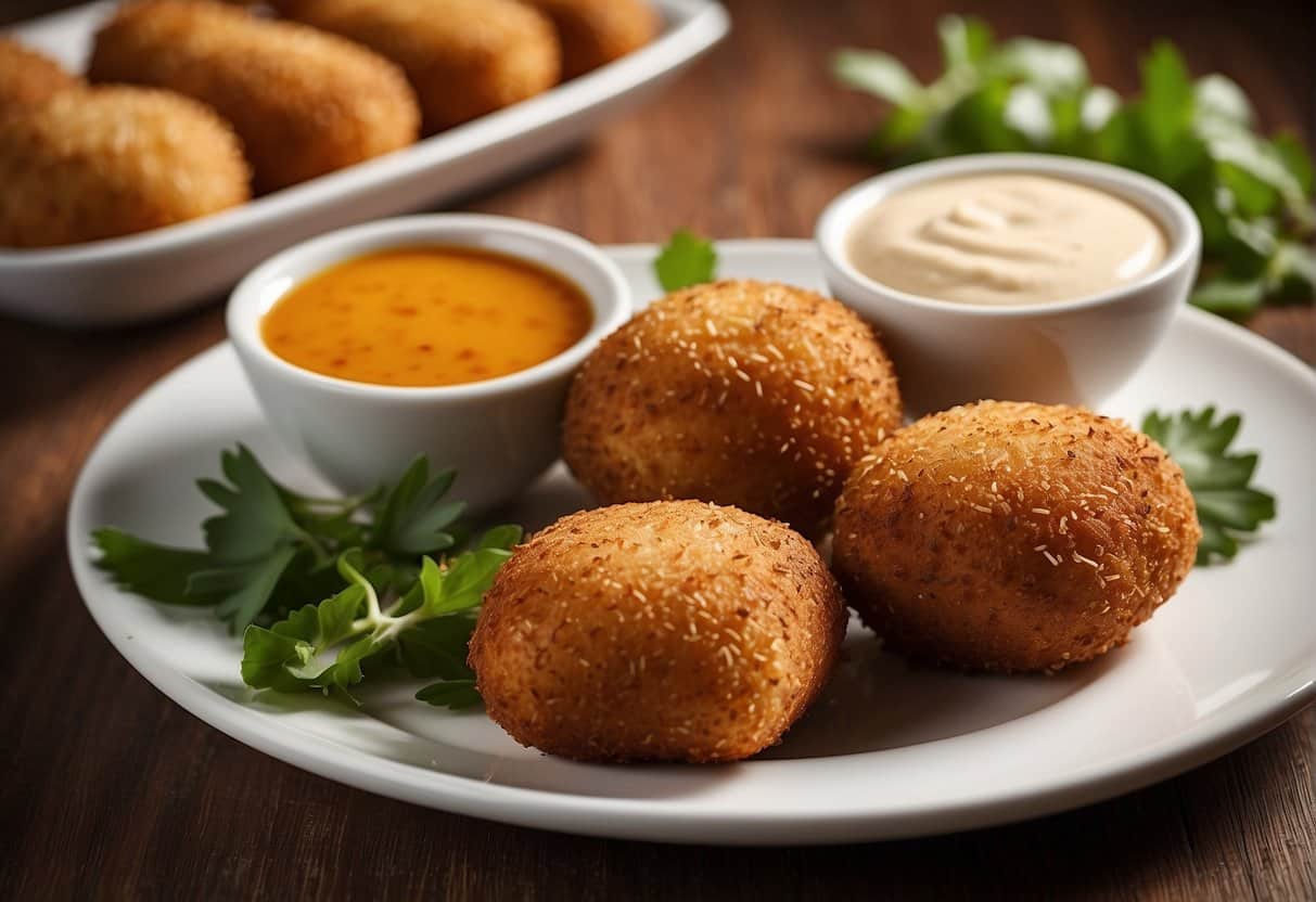 Golden brown duck croquettes arranged in a neat row on a white platter, with a side of dipping sauce and garnished with fresh herbs