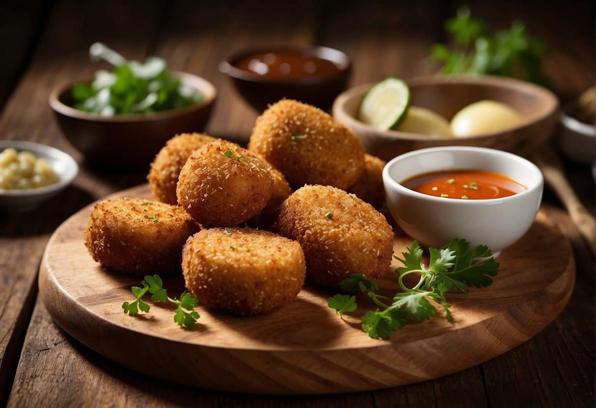 A platter of golden duck croquettes with various sauces, garnished with fresh herbs and served on a rustic wooden board
