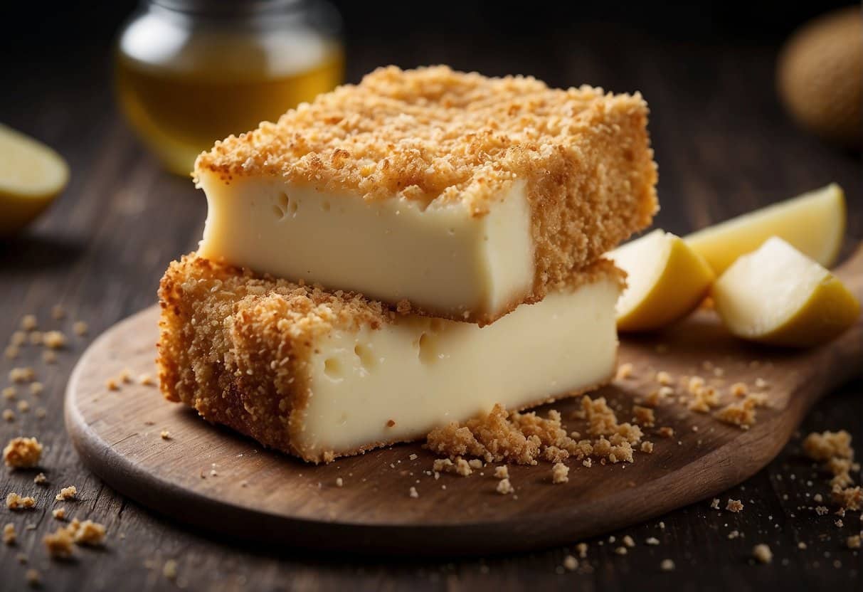 A block of brie cheese coated in breadcrumbs, ready for frying