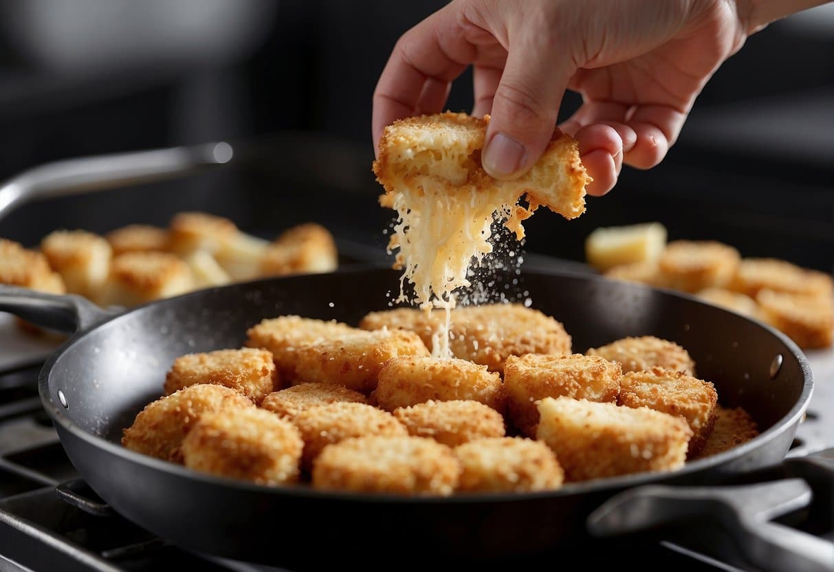 Brie cheese being coated in breadcrumbs, then fried in a skillet until golden and crispy