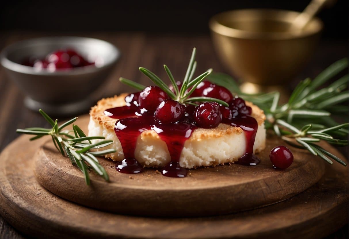 A round of breaded brie on a wooden board with a dollop of cranberry sauce and a sprig of fresh rosemary