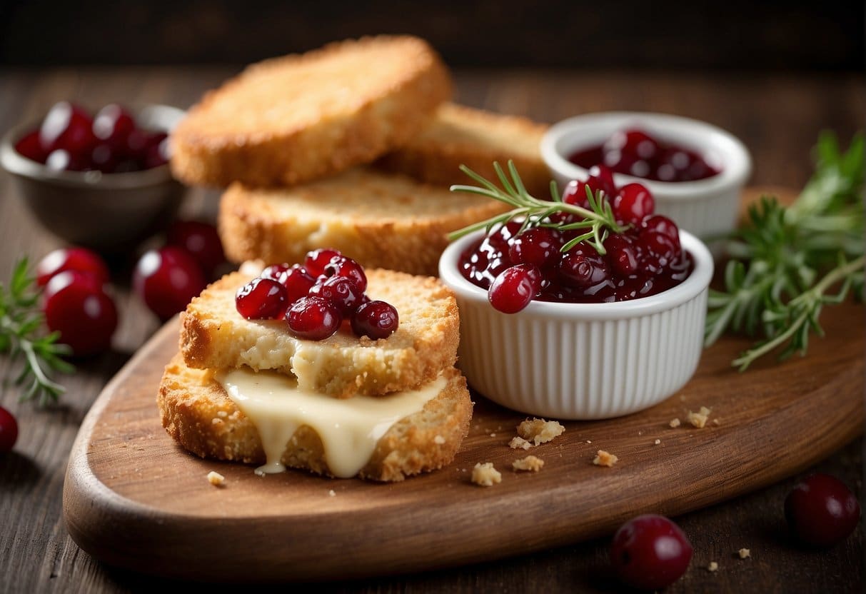A plate of breaded brie with a side of cranberry sauce, garnished with fresh herbs and served on a wooden cutting board
