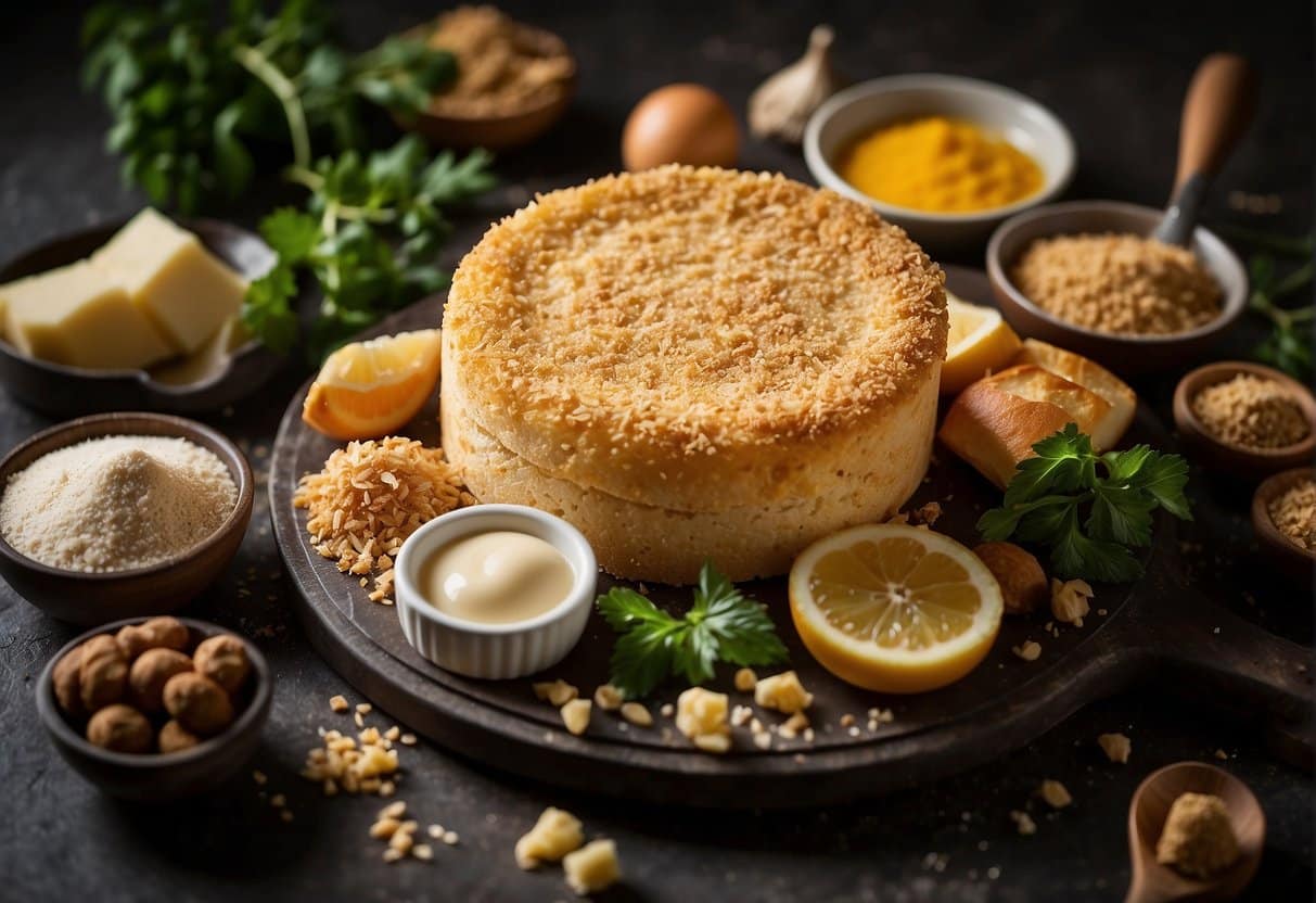 A wheel of brie coated in breadcrumbs, ready for frying. Surrounding it are various ingredients for potential recipe variations and substitutions