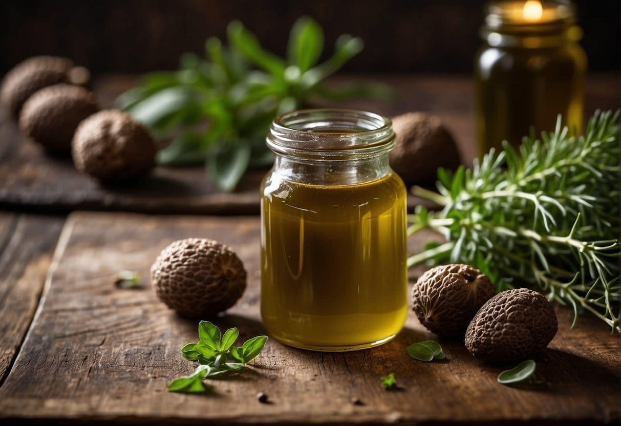 A small jar of truffle sauce sits on a rustic wooden table, surrounded by fresh herbs and a drizzle of olive oil