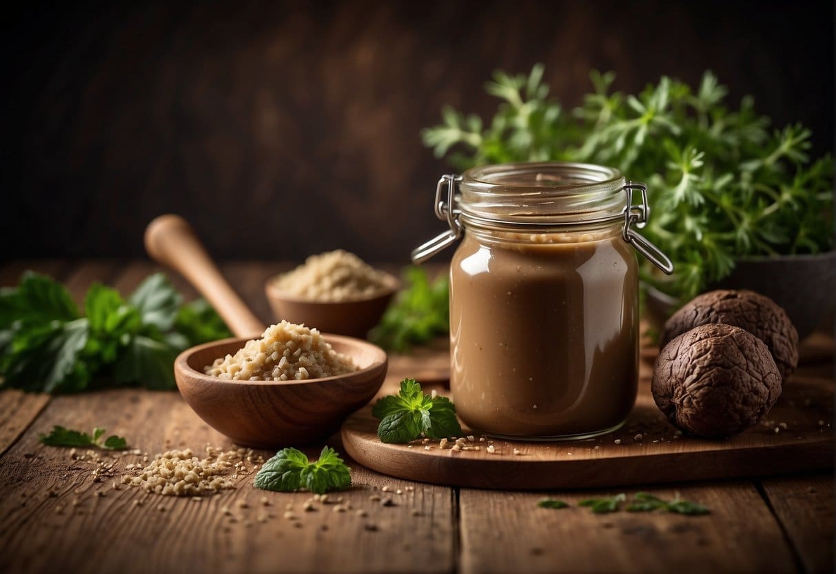 A jar of Essential Ingredients truffle sauce sits on a rustic wooden table, surrounded by fresh herbs and a mortar and pestle
