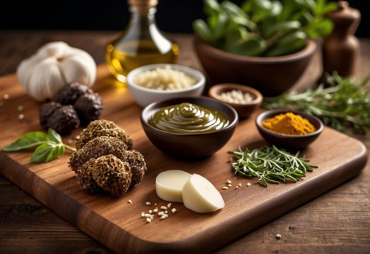 A wooden cutting board with truffle sauce ingredients: truffles, garlic, olive oil, and a mortar and pestle