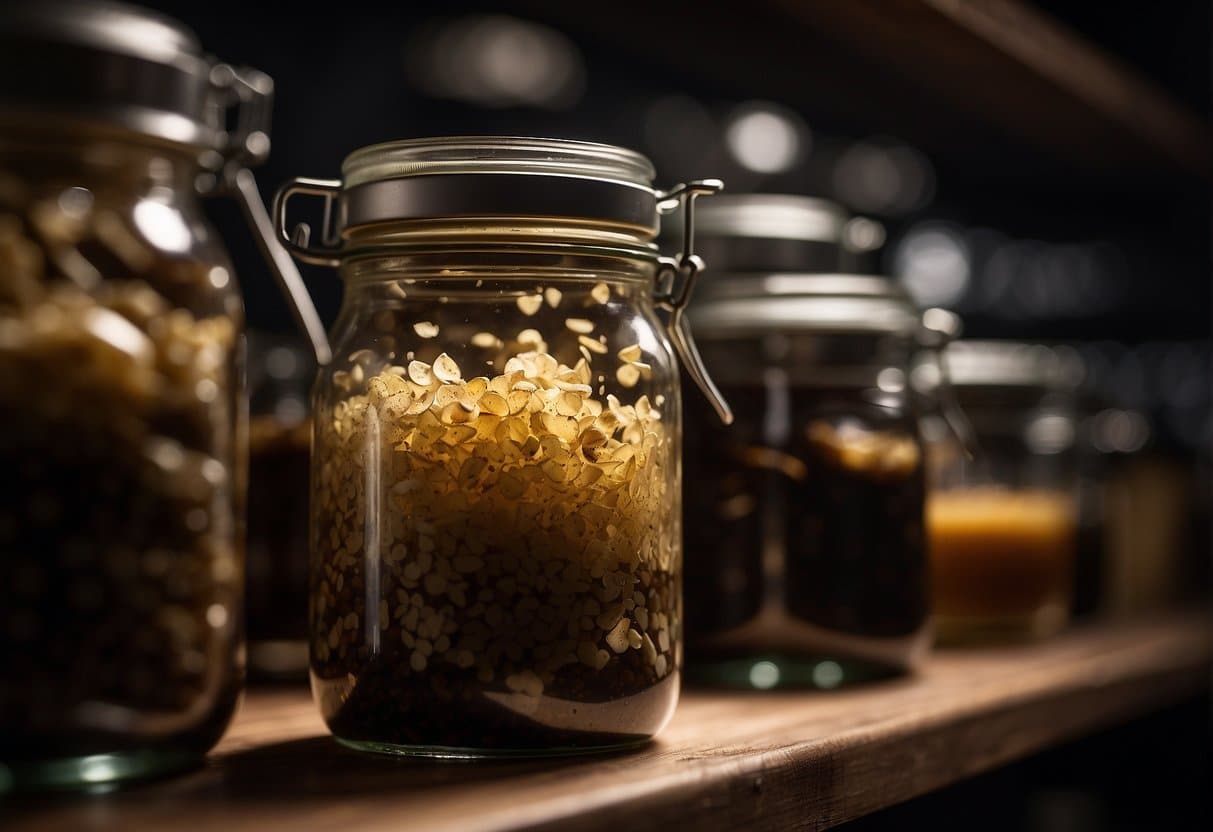 A glass jar filled with truffle sauce is tightly sealed and placed on a shelf in a cool, dark pantry for preservation