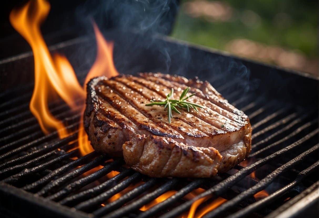 A cote de boeuf sizzling on a hot grill, with flames licking the edges and the aroma of charred meat filling the air