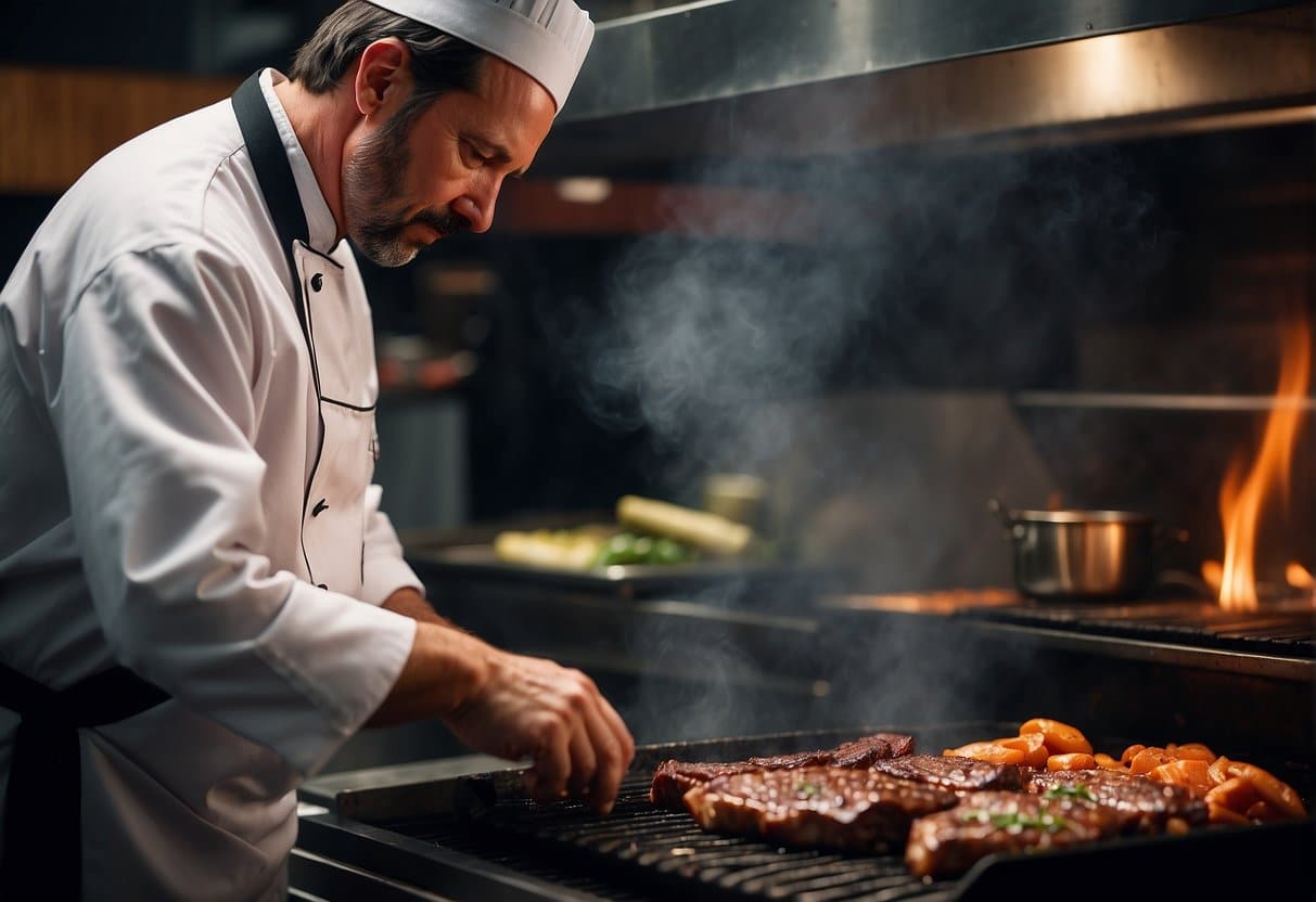 A chef places a cote de boeuf on a sizzling grill, carefully monitoring the cooking time for the perfect cut