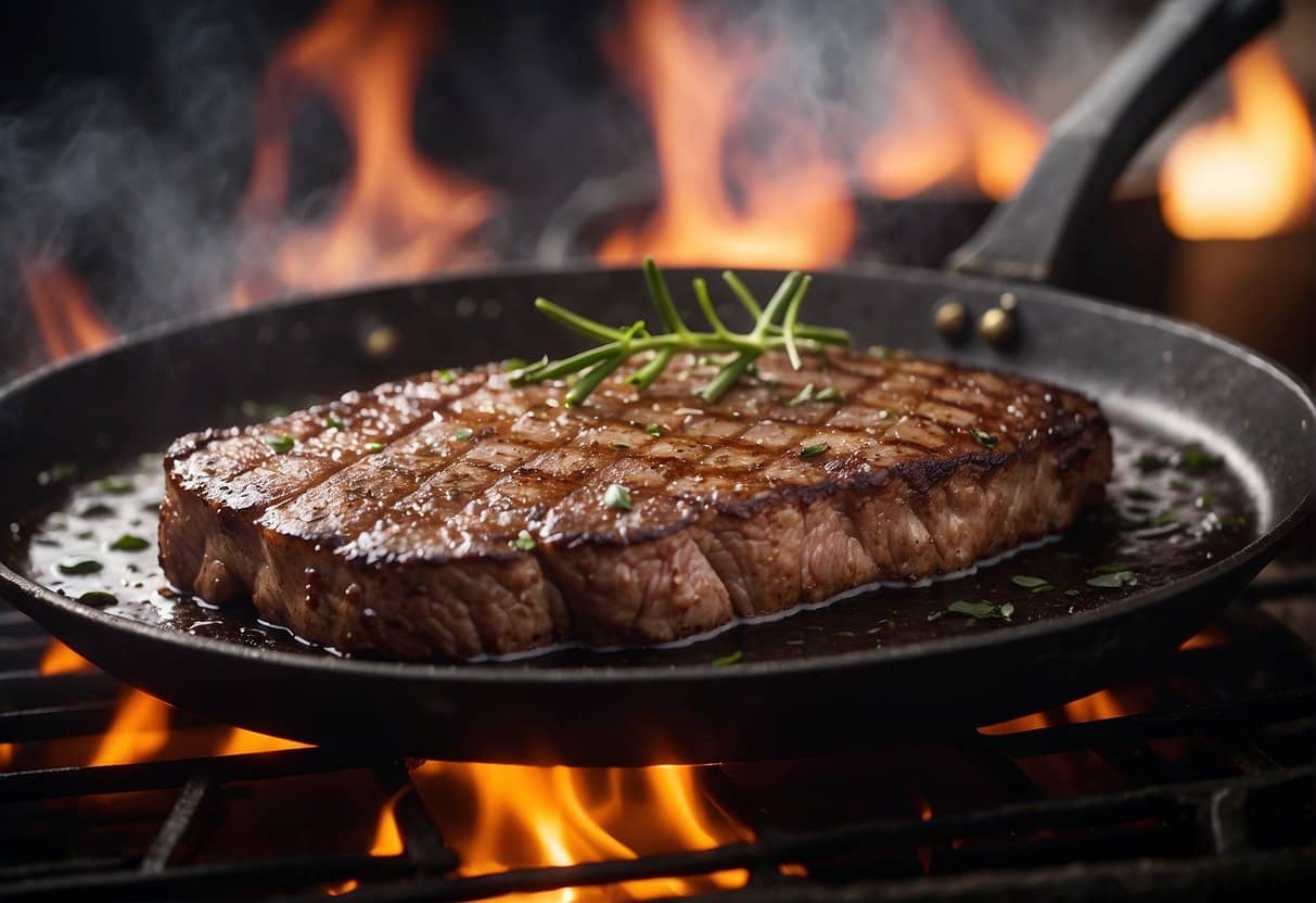 A thick steak sizzles on a hot grill, juices bubbling as it cooks to perfection. The meat is seared on the outside, with a pink, juicy center, indicating that it is done just right