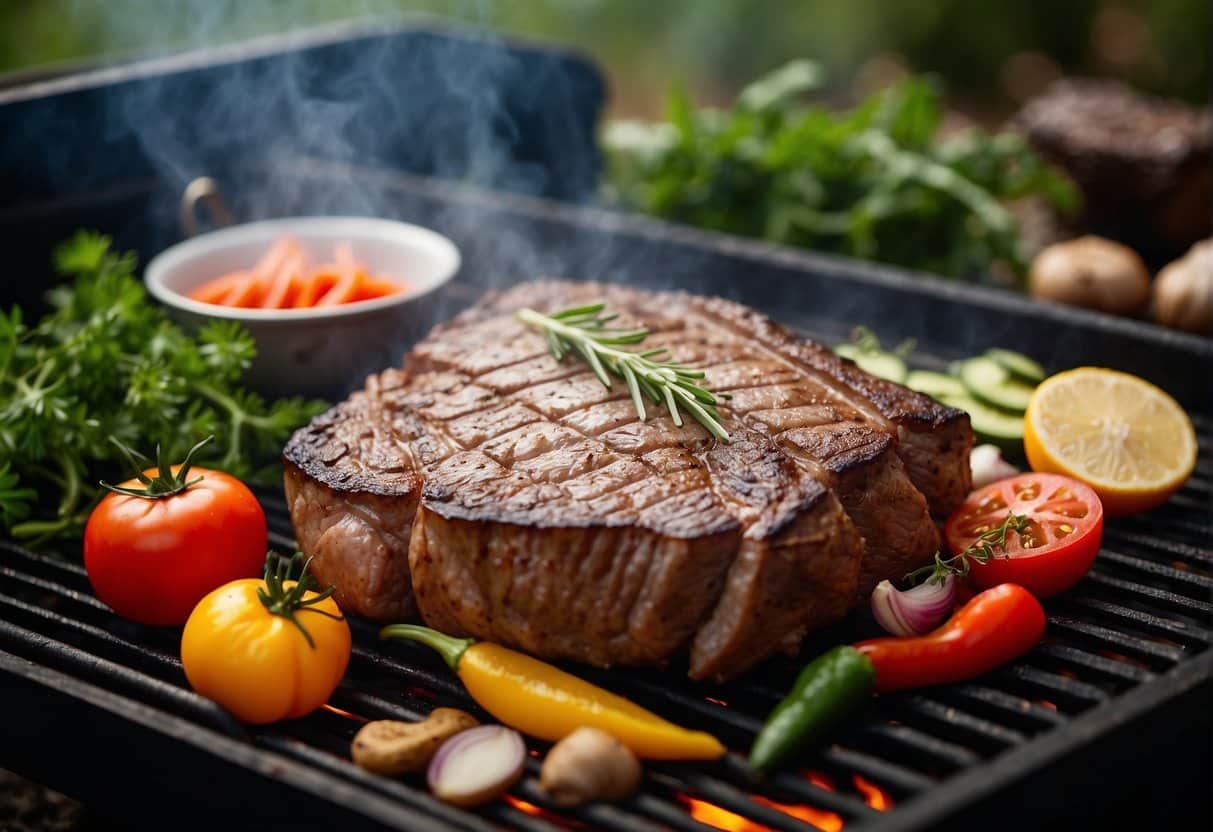 A sizzling cote de boeuf rests on a hot grill, surrounded by vibrant herbs, spices, and vegetables, ready for cooking