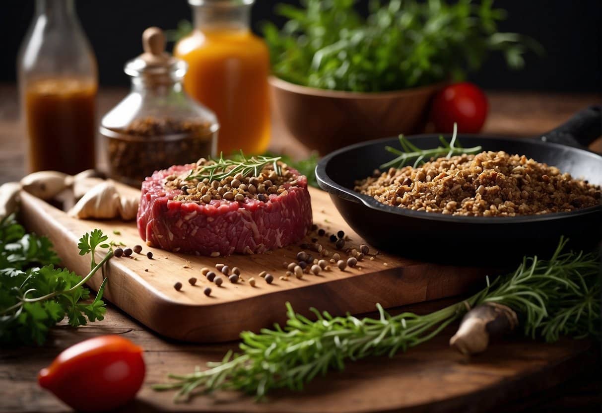 A wooden cutting board with venison mince, surrounded by fresh herbs and spices, next to a skillet and a recipe book
