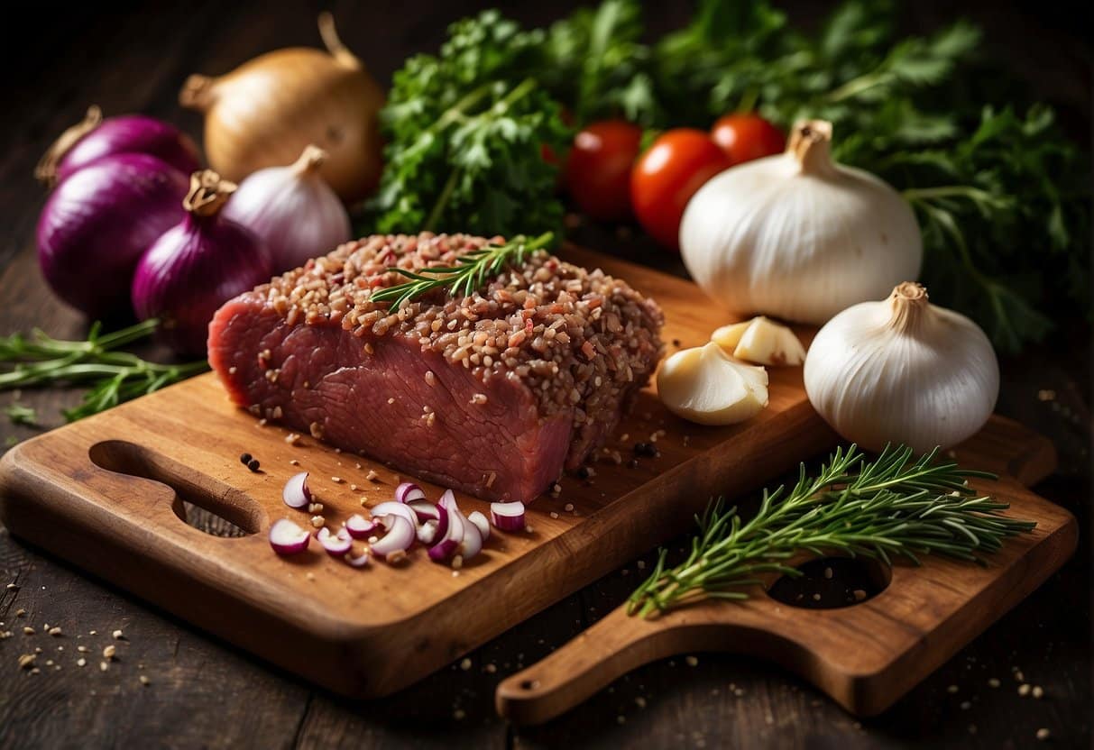 A cutting board with fresh venison mince, surrounded by ingredients like onions, garlic, and herbs, ready for a recipe