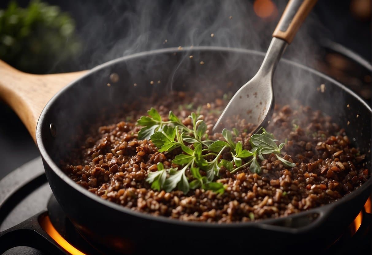Venison mince sizzling in a hot skillet, being stirred with a wooden spoon. Aromatic herbs and spices are being sprinkled over the meat