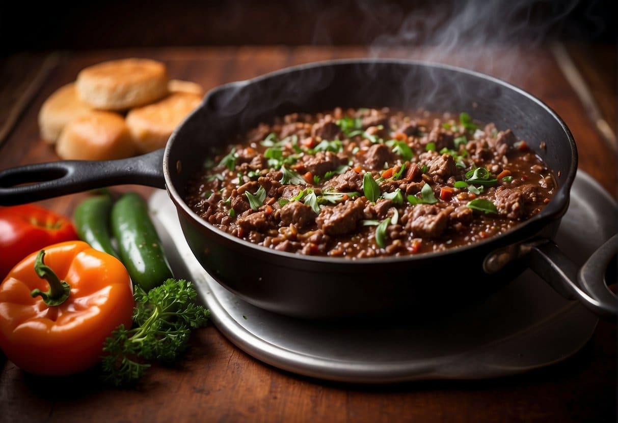 A sizzling skillet of venison mince cooking with aromatic herbs and spices, surrounded by fresh vegetables and a steaming pot of simmering sauce
