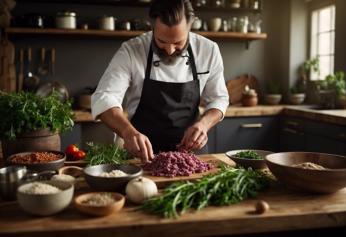 A chef mixes venison mince with herbs and spices in a rustic kitchen, surrounded by fresh ingredients and cooking utensils