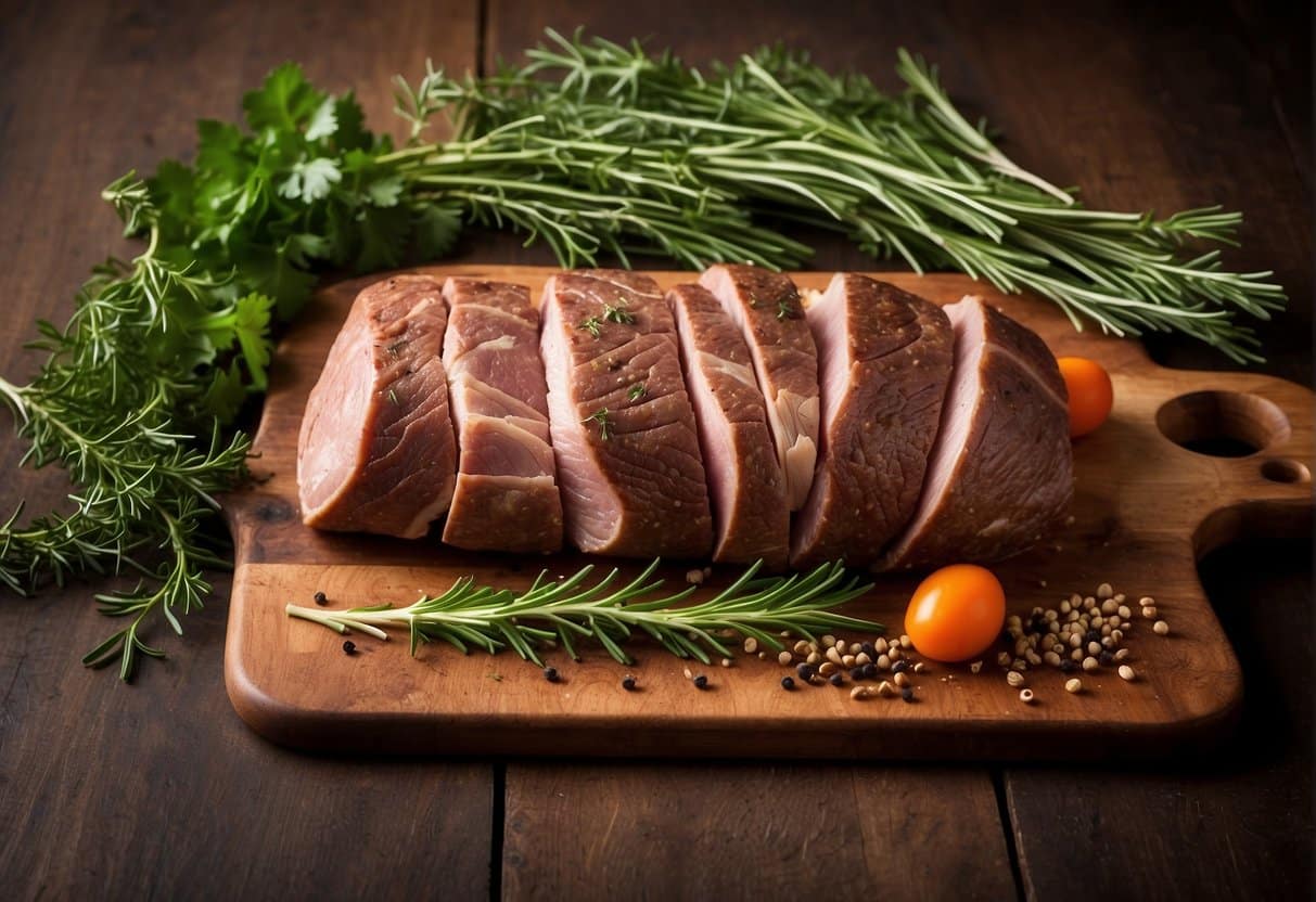 A whole cannon of lamb, seasoned and ready for roasting, placed on a wooden cutting board with fresh herbs and spices scattered around it