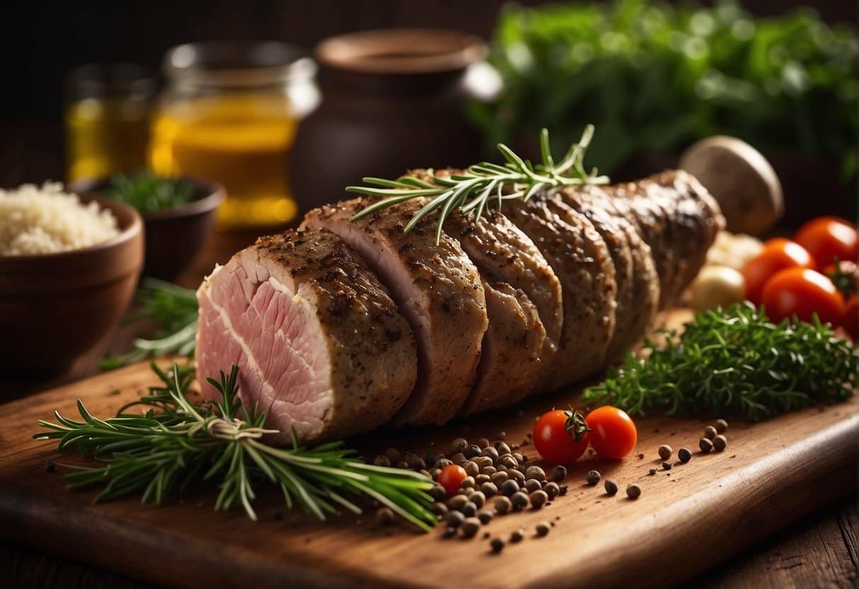 A cannon of lamb sits on a wooden cutting board surrounded by fresh herbs and spices. The meat is being rubbed with seasoning and marinated in olive oil