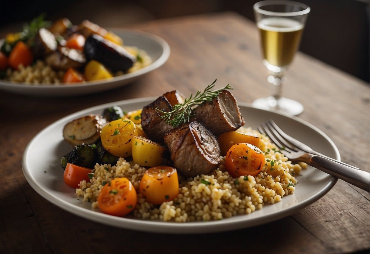 A platter of roasted vegetables and herbed couscous sits beside a perfectly cooked cannon of lamb