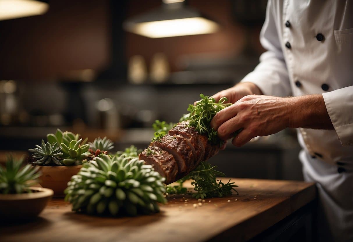 The chef carefully applies the finishing touches to the succulent cannon of lamb, adding a glossy glaze and sprinkling fresh herbs for a final touch of perfection