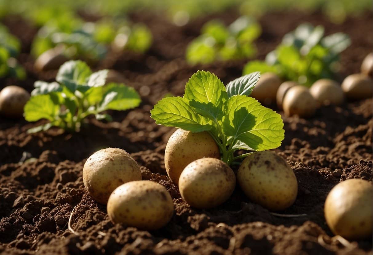 A field of noisette potatoes, with rich brown soil and green vines, symbolizing the cultural significance and historical origins of the crop