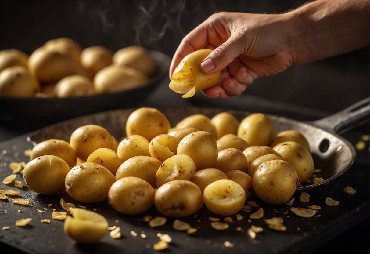 Golden potatoes being peeled and cut into small, round shapes before being sautéed in a skillet