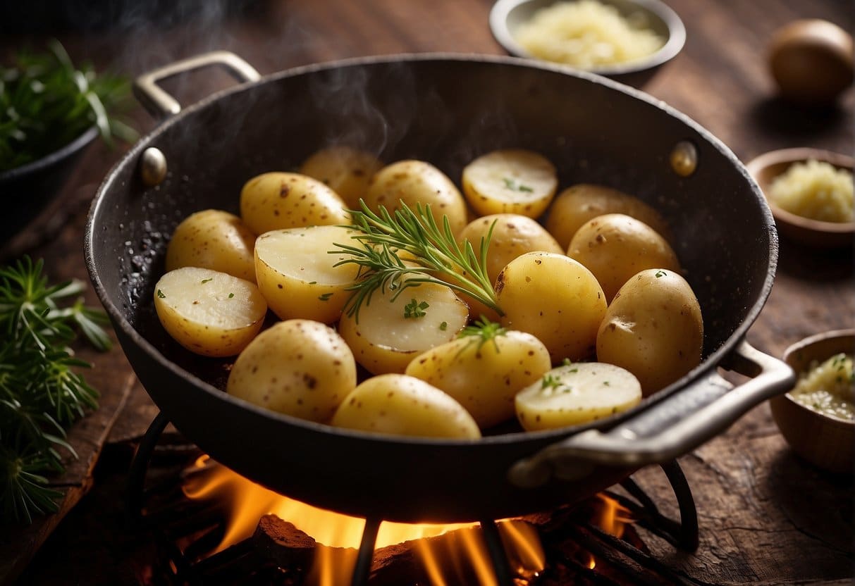 Potatoes sizzling in butter, turning golden brown. Aromatic herbs and garlic infuse the air