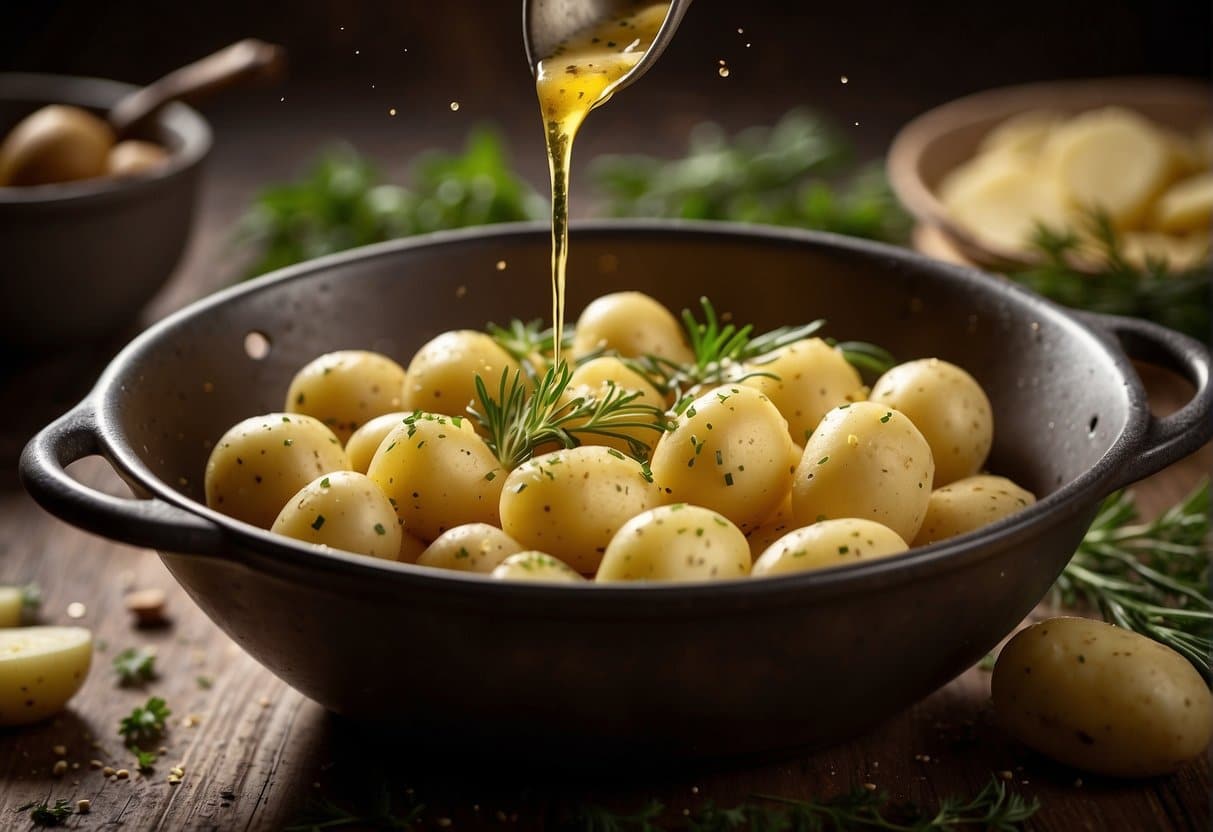Potatoes being drizzled with melted butter and sprinkled with herbs and spices