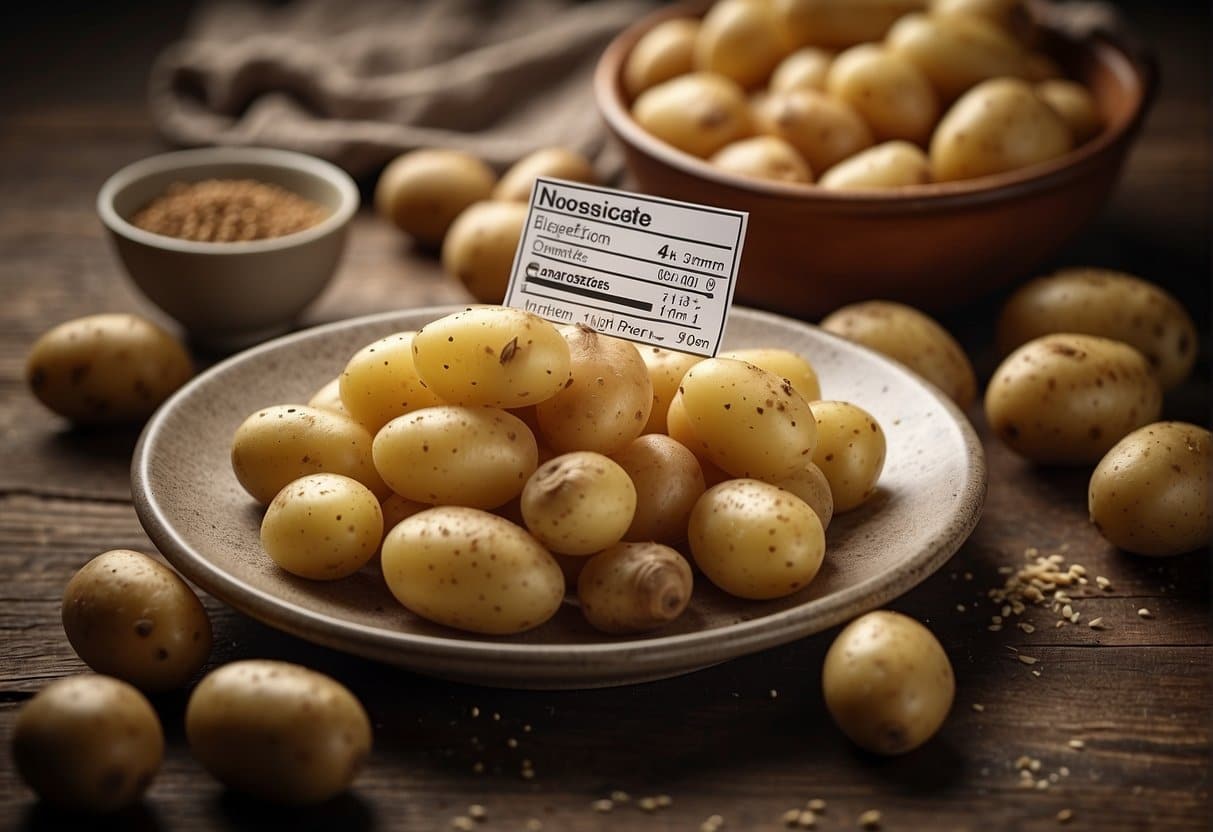 A plate of noisette potatoes with a nutritional information label next to it