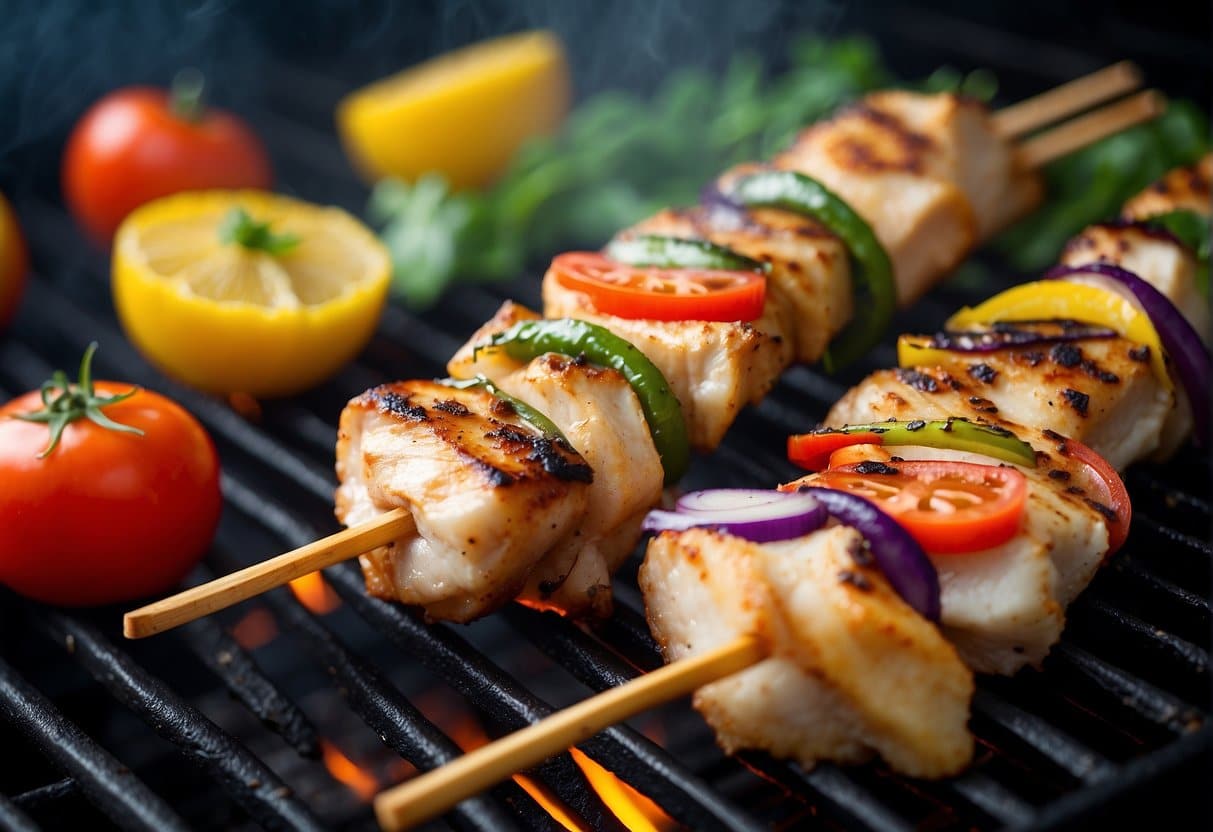 Chicken and halloumi skewers sizzling on a hot grill, with colorful vegetables in the background