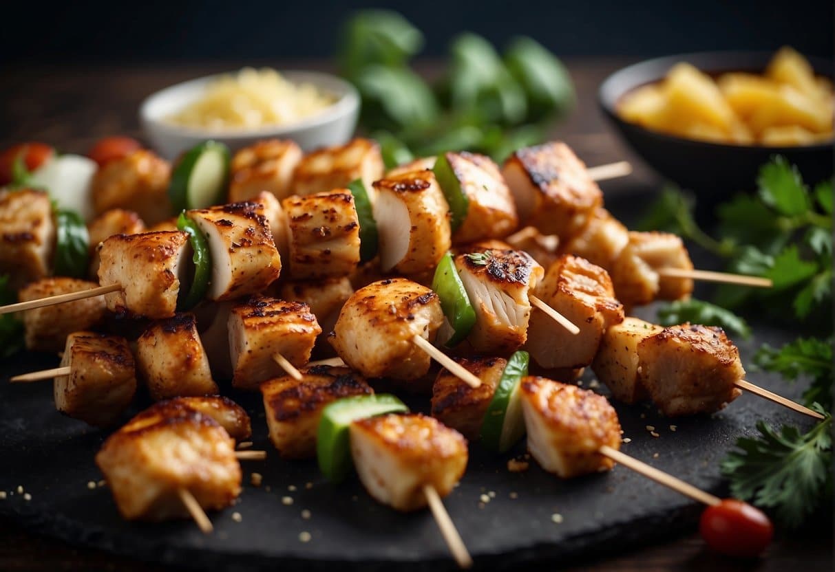 A hand selects fresh chicken and halloumi for skewers