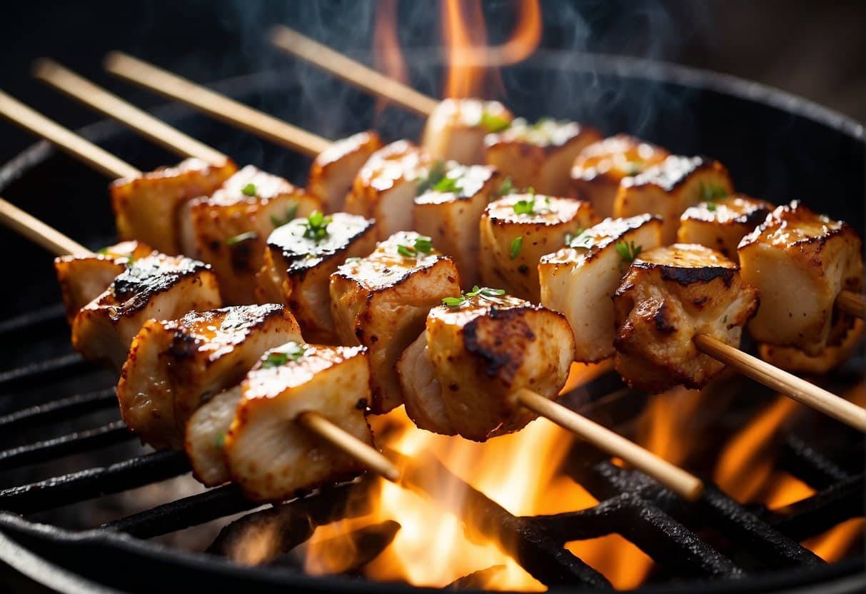 Chicken and halloumi skewers sizzling on a hot grill, with the meat and cheese turning golden brown and emitting a delicious aroma