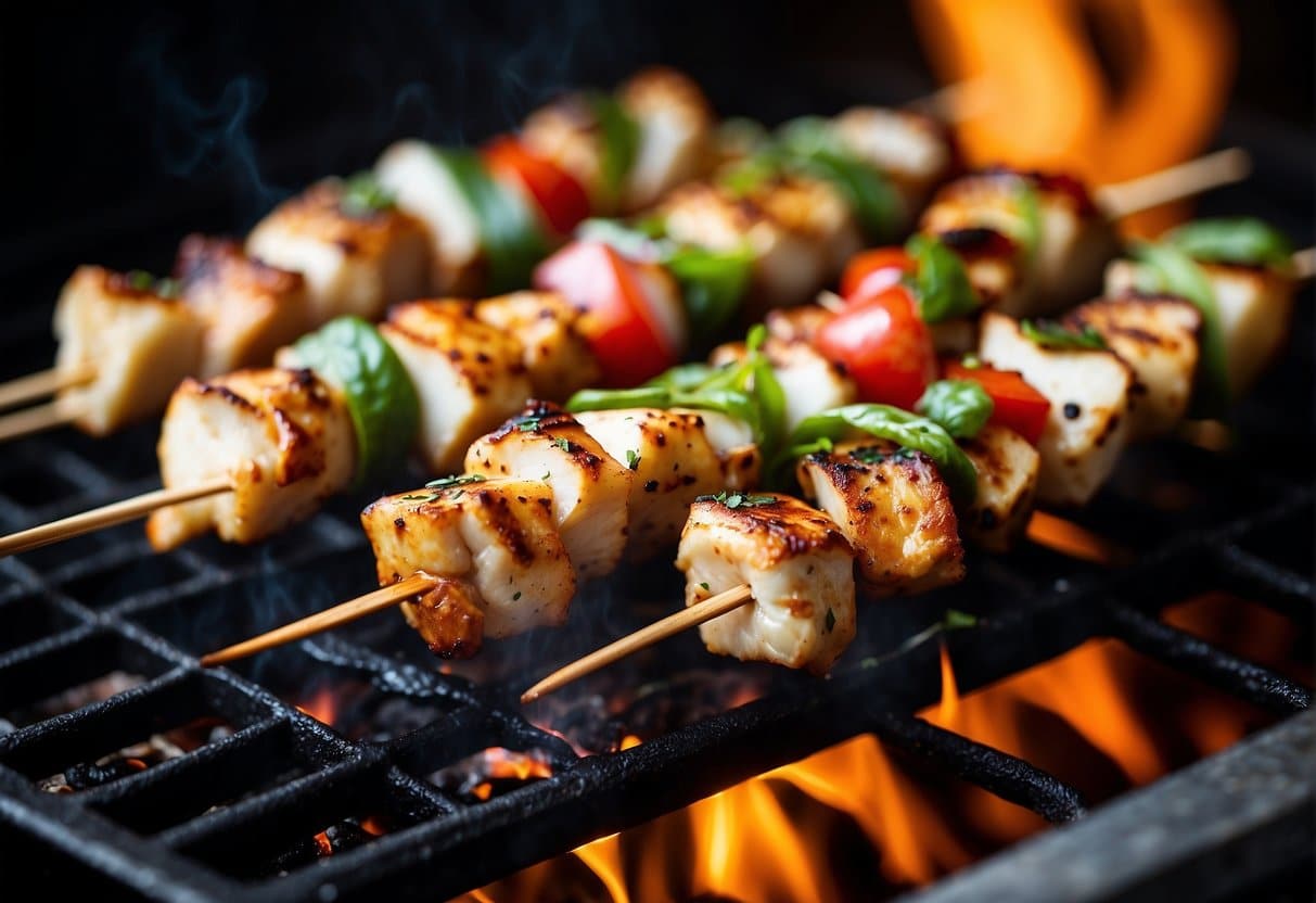 Chicken and halloumi skewers sizzling on a hot grill, with colorful seasoning and herbs sprinkled on top