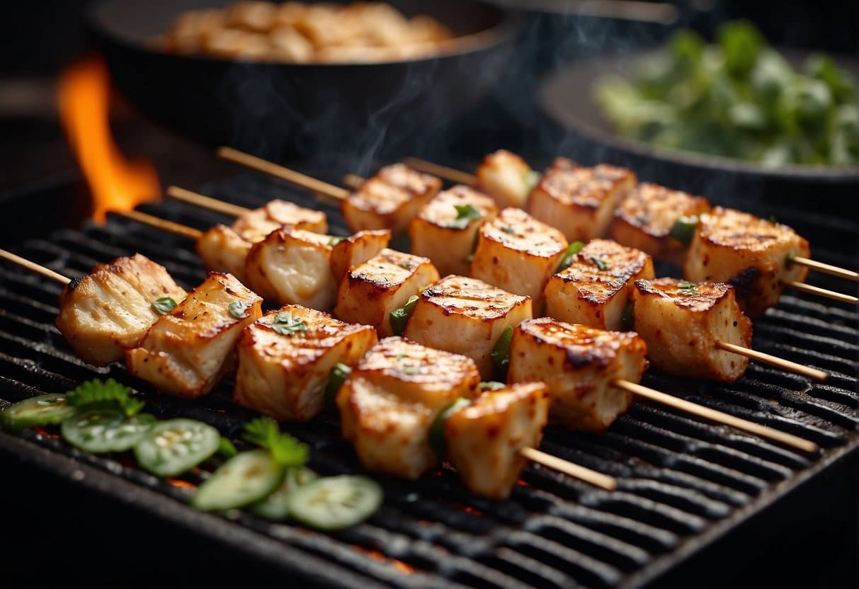 Chicken and halloumi skewers sizzle on a hot grill, emitting a delicious aroma. The golden brown halloumi contrasts with the juicy, charred chicken pieces, ready to be served