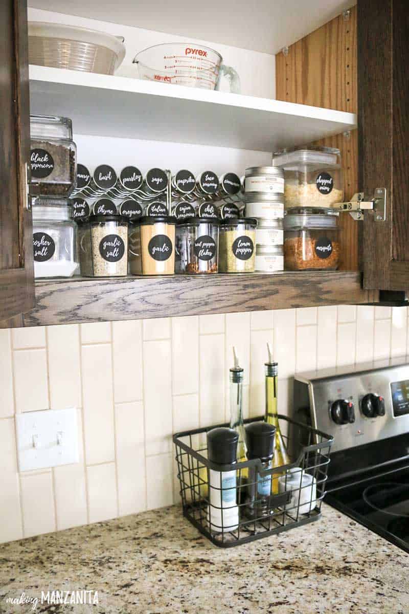 DIY spice organization in cabinet | Small spice kitchen organization ideas | Keep basket on countertop with everyday items, like salt and pepper and olive oil | Spice storage inspiration in cupboard #ad